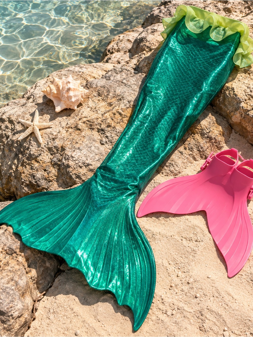 FINIS Mermaid Tail Swim Set Emerald Green Shimmer Fabric and Pink Monofin